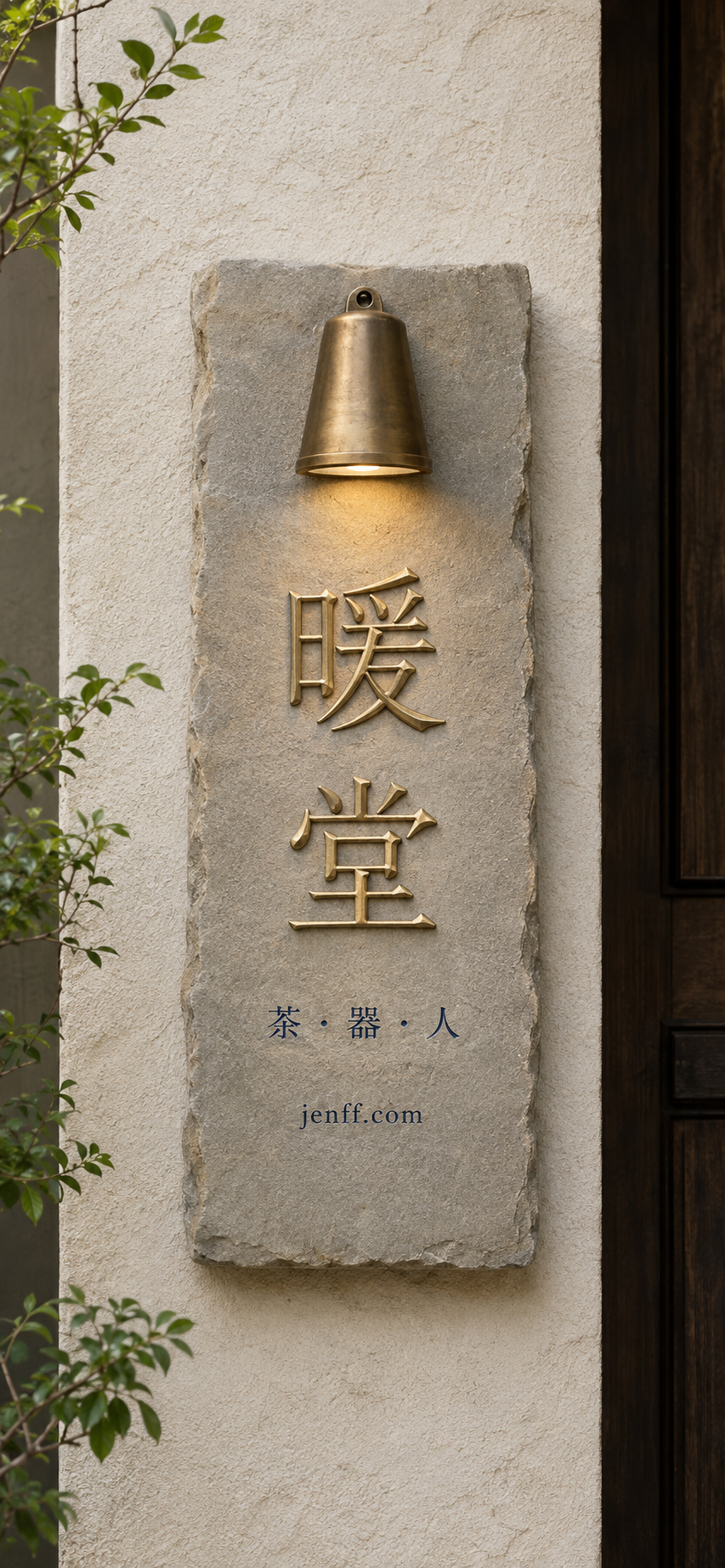 暖堂门牌:石板上的黄铜字与暖灯,下方写着茶、器、人